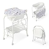 FANTASK 4 in 1 Wickeltisch mit Badewanne, mobile Babybadewanne mit Universalrädern, tragbare Wickelkommode bis 35 kg, Wickelstation mit Wickelauflage für 0-12 Monate Baby (Weiß)