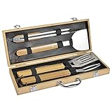 Mastrad F19266 Grillbesteck-Set (4 Teile) - aus Bambus und Edelstahl - Grillzubehör mit Grillzange, Grillwender und Fleischgabel - in praktischem Holzkoffer