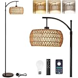 Dimmbare Stehlampe Wohnzimmer, Rattan Stehlampe mit Fernbedienung App-Steuerung, Bogenlampe Boho Stehleuchte mit Rattan & Leinen Lampenschirm für Schlafzimmer Büro