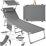 tectake® Sonnenliege klappbar, tragbar, Liege mit Seitentasche, Strandliege, Gartenliege mit Dach, Liegestuhl mit Verstellbarer Rückenlehne, inkl. Kopfkissen - für Balkon, Terrasse, Camping - grau