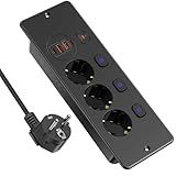 Einbausteckdose mit USB, Tischsteckdose mit Unabhängiger Schalter, Versenkbare Steckdosen mit 1.8M Kable, Mehrfachsteckdose 3 Fach mit Überspannungsschutz, 3250W, für Küche, Büro, Schwarz