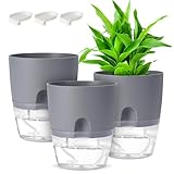 GuKKK 3 Packs Blumentopf Selbstbewässernd Kräutertopf Küche Set, 15.3cm Pflanzentopf mit Bewässerungssystem, Übertopf mit Untersetzer, Blumentöpfe Set Ideal für Innen und Balkongärten (Grau)