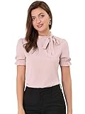 Allegra K Damen Bluse mit Schleife Schluppenbluse Festliche Blusen Kurzarm Panel Fliege Hals Rüschen Elegant Top Rosa M