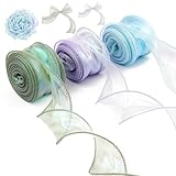 3 Rollen Organzaband Schillernd, 40mm x 9m Transparentes Chiffonband, Glitzerndes Organzaband für Deko, Hochzeit, Blumenstrauß, Geschenkverpackungen (Lila/Blau/Grün)