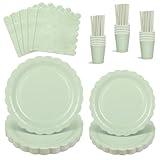 125 StüCk Partygeschirr Set für 25 Gäste, Gewellte Salbeigrün Pappteller und Becher Set, Servietten Salbeigrün und Papierstrohhalme für Babypartys, Geburtstag, Hochzeiten