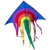 CIM Großer Kinder-Drachen - SUPER-Drachen Rainbow Delta XL blau – Einleiner Flugdrachen für Kinder ab 6 Jahren - 150x166cm - inklusiv Drachenschnur und Streifenschwänze