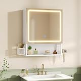 Spiegelschrank Bad mit LED-Beleuchtung,Badezimmer Spiegelschrank mit verstellbarer Ablage,HD-Spiegel, Hängekorb,Haartrockner-Halter,3 Lichtfarbe Einstellbar, Badezimmerschrank 50×16×60cm,Weiß