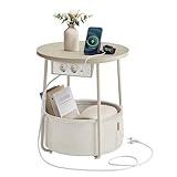 VASAGLE Beistelltisch rund, Kleiner Tisch, Couchtisch mit Steckdose, Wohnzimmertisch, Korb aus Stoff, Stauraum für Wohnzimmer Schlafzimmer, Nachttisch modern, naturbeige-cremeweiß LET228LL01