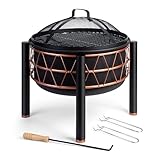 VonHaus Feuerstelle – 2-in-1 Feuerschale mit BBQ-Grill für Garten, Terrasse und Outdoor, aus schwarzem Stahl mit Kupferdetail, inklusive Feuerhaken und Mesh-Deckel, Holz oder Holzkohle.