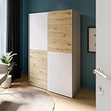 Forte Schach & MATT Kleiderschrank 120, Moderner Schrank mit Schachbrettmuster, Schwebetürenschrank, Holzwerkstoff, Artisan Eiche Dekor mit Weiß, 120,1 cm breit, 190,5 cm hoch, 61,2 cm tief