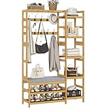 VIAGDO Garderobenständer mit Schuhbank,Kleiderständer mit 5 Aufbewahrungsregale,Garderobe mit Schuhregal,10 Doppelhaken, Flurgarderobe für Flur und Schlafzimmer 104x33x175 cm (104 x 33 x 175 cm)