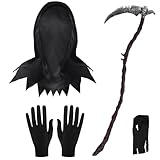 4er Sensenmann Kostüm Accessoires Set,Horror Maske & 123cm Zerlegbar Sense,Handschuhe Gürtel,Halloween Kostüm Sensenmann Maske Halloween Sense Grim Reaper Costume Zubehör für Erwachsene kinder