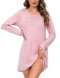 Bresdk Nachthemd Damen Langarm Baumwolle Schlafshirt mit Rundhalsausschnitt und Printed Liebesmuster Weiche Loungewear Sleepshirt