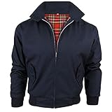 Harrington-Jacke mit kariertem Futter, gefertigt in Großbritannien, Herren, mit Reißverschluss, klassische Bomberjacke Gr. M, navy