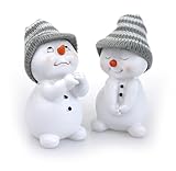 TEMPELWELT 2X Deko Figur Schneemann im Set je 11 cm, Keramik weiß, Wintermütze Textil Wolle grau, Keramikfigur Dekofigur Winter Weihnachten Advent Dekoration [Typ A]