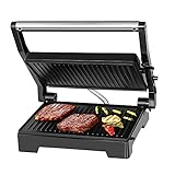 Gotoll Kontaktgrill Tischgrill, Panini & Sandwich Maker, doppelte Grillplatten, geöffnete 180° Kontakt-Grill, 1000 W, antihaftbeschichtet, isolierte Handgriffe, Edelstahlgehäuse