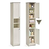 SONGMICS Home Badezimmerschrank, superschnelle werkzeuglose Montage, Toolless-Technologie, Badschrank schmal, verstellbare Ablagen, Wohnzimmer, Flur, 30 x 30 x 170 cm, vintageweiß BBC667WJ01