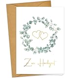 JOYEASE Premium Hochzeitskarte mit Umschlag aus Kraftpapier - Karte Hochzeit mit goldener Heißfolienprägung - Glückwunschkarte zur Hochzeit Wedding Herz Eukalyptus