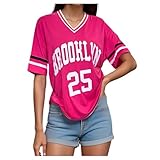 Damen Oversize T-Shirt im amerikanischen Jersey-Stil - Lässiges Sport-Top mit 'Brooklyn 25' Print | V-Ausschnitt-Shirt für einen urbanen Streetwear-Look