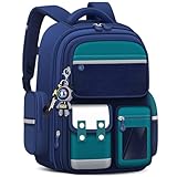 Amythe Schulranzen Jungen, Kinderrucksack Große mit Süßem Anhänger, Schultasche für Jungen 2. bis 5.Klasse, Rucksack Kinder für die Schule oder Reisen mit Mehreren Fächern, Grün