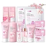 Sakura Sakura Gesichtspflege Set 11pcs Feuchtigkeit Hautpflege Sets-Serum, Gesichtscreme,Reiniger,Toner,Augenserum, Mask,Schlammmaske, Geschenke Set für Gesicht Reinigung & Pflege (Rosa)