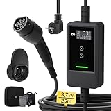 dé Ladekabel Elektroauto Typ 2 Schuko 3,7kW [25m, 6-16A] EV Charger Mit Kabelhalter und digitalem LCD - EV Ladegerät für e Auto Model 3/Y, ID.3/4/5, MG4, Q4, GLA, Zoe und Anderen PHEV/EV