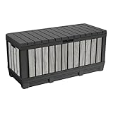 Koll Living Gartenbox Kentwood 350 Liter Stauraum in Holzoptik Stormgrey | Aufbewahrungsbox mit Sitzfunktion für Sitzauflagen, Gartengeräte oder Kinderspielzeug | wasserdicht & gut belüftet