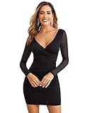 DIDK Damen Netz Ärmel Kleider Bodycon Tief V-Ausschnitt Bleistiftkleid Minikleid Sexy Mesh Partykleid Figurbetont Shortkleid Hohe Taille Langarmkleid Schwarz XL