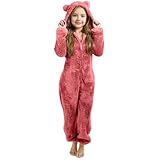 Teddy Fleece Einteiler Overall Mädchen Langarm Fleece Onesie Kinder mit Bärenohren Kapuze Und Reißverschluss Warm Plüsch Schlafanzug Herbst Winter Pyjama Schlafoverall (B-Red, 12-13 Years)