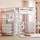 Ctastay Kinderbett Holzbett 90x200 cm, Bett Hochbett Familienbett mit Stauraum Schubladen & Leiter, Jugendbett Einzelbett mit Tisch & Rausfallschutz, Weiß (Ohne Matratze)