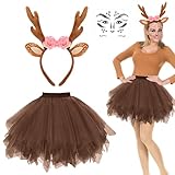 MorLuks Reh Kostüm Damen, Reh Haarreif + Reh Tattoo Gesicht + Tüllrock Braun Reh, Rentier Kostüm, Tier Kostüm Accessoires für Karneval Fasching Halloween Cosplay Party
