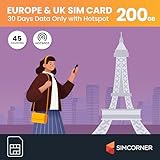Prepaid-SIM-Karte für Europa und Großbritannien, 200 GB, 30 Tage, kein Tageslimit, Verwendung in 50 Ländern, einfache Aktivierung der SIM-Karte, 3-in-1-Größe, passend für Mobiltelefone, iPads, Tablets