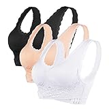 Vertvie Damen Sport BH Spitzen BH Frauen Bustier Lace Bra Dünn Front Closure Push Up Ohne Bügel Top für Yoga Fitness Training Stretch Wohlfühl-BH(C-Schwarz+Weiß+Haut, L)