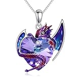 AINFQY Drachen Kette Sterling Silber Lila Wyvern Halskette Drachen Anhänger Herz Kristall Schmuck Geschenk für Damen Herren (02-Februar)