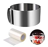 Tortenring Verstellbar, Edelstahl Tortenring, Verstellbar Kuchenring Ø16-30cm Backrahmen Rund Tortenring, und 1 Rollen Tortenrandfolie 10m transparente Rollen, backzubehör, zum Backen und Dekorieren