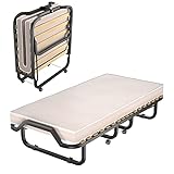 COSTWAY ☀️90x200cm Gästebett mit Matratze aus Rückstellschaum, Klappbares Einzelbett, Stabiler Metallbett bis 120 kg, Klappbett auf Rädern, Faltbett für Camping & Gästezimmer, Tragbares Bett (Beige)