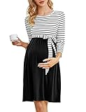 KOJOOIN Damen Umstandskleid Rundhalsausschnitt Gestreiftes Schwangerschaftskleid 3/4 Ärmel Casual Umstandsmode mit Gürtel Schwarz M