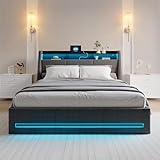BRYXR Polsterbett 140x200 cm mit LED-Kopfteil, Doppelbett mit USB und Lattenrost, Hydraulischem Stauraum und Metallrahmen, Jugendbett, Leinenstoff Grau (Ohne Matratze)