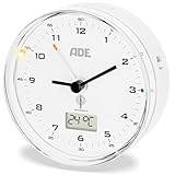 ADE Funk wecker analog ohne Ticken | Uhr mit Temperaturanzeige und Kalender | lautloser analoger Wecker mit Licht | Funkwecker mit Batterie | kleine Uhr zum Hinstellen | weiß