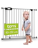 BOMI TÜV & GS Siegel Schutzgitter Merle 63-251 | Ohne Bohren | 90° Stop | Schließt automatisch | Türschutzgitter schmal weiß Metall Selbstschließend | Treppenschutzgitter Türgitter Klemmgitter