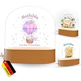Customdo Personalisiertes Nachtlicht für Kinder Einhorn im Heißluftballon Motiv - Kinderzimmer Holzsockel Nachttischlampe mit Namen - Baby Geschenk zur Geburt Taufe Geburtstag für Mädchen Jungen