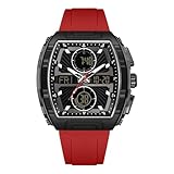 Forrader Tonneau Herren-Armbanduhr, Militär, modisch, rechteckig, Sport-Armbanduhr, wasserdicht, digitale Herrenuhren mit leuchtendem Kalender, Stoppuhr, Schwarz Rot