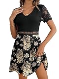 SweatyRocks Spitzenkleid Damen Elegant Blumenkleid Sommerkleid Mit V Ausschnitt Minikleid A Linien Kleid Freizeitkleid Boho Kleid Schwarz L