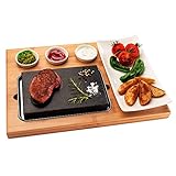 AMAVEL Lavastein Steakbrett, Heißer Stein-Grill mit Saucenschälchen und Keramik-Platte, Bambusbrett mit Hot Stone Grill, BBQ Steinplatte, Steak Grillplatte, Servierplatte, Tischgrill Grill Set