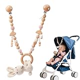 HOVCEH Kinderwagenkette Holz, Kinderwagen Kette für Babys, Kinderwagenkette Mädchen Junge mit Glocken und Stern Perlenanhängern, Kinderwagen Spielzeug für Mädchen und Junge ab 0+ Monate (Häkelhasen)
