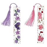 cobee Harz Getrocknete Blumen Lesezeichen, 2 Stück Transparente Gepresste Blumen Lesezeichen Handgemachte Blumenseitenmarkierung mit Quaste Nettes Lesezeichen für Frauen Kinder (Lila + Rot)
