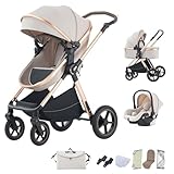 BEBBY 3-in-1 Kinderwagen KombiKinderwagen-Set 2-in-1 Buggy faltbar Luxus Hochlandschaft Neugeborenes Tragbarer Kinderwagen Zusammenklappbarer Kinderwagen Kinderwagen Travel System (D2-RICEWHITE)