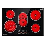 AMZCHEF Glaskeramikkochfeld 5 Zonen, Einbau Keramikkochfeld 77CM mit Ovale Zone und Dreierzone, 9 Leistungsstufen, Zeitschaltuhr, Sicherheitsschloss, Überhitzungsschutz, 8500W