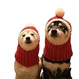 DELIFUR Lustige Weihnachtshundemütze mit Pompon gehäkelter Snood Hundemütze Rot Warme Winterhundemütze Strick Snood Kopfbedeckung für Haustiere & Frauen & Mann(Rot,L)