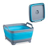 Relaxdays Waschbecken faltbar, 9 l, mit Ablauf & Tragegriffen, Kunststoff, Camping Spülschüssel, Faltschüssel, grau/blau